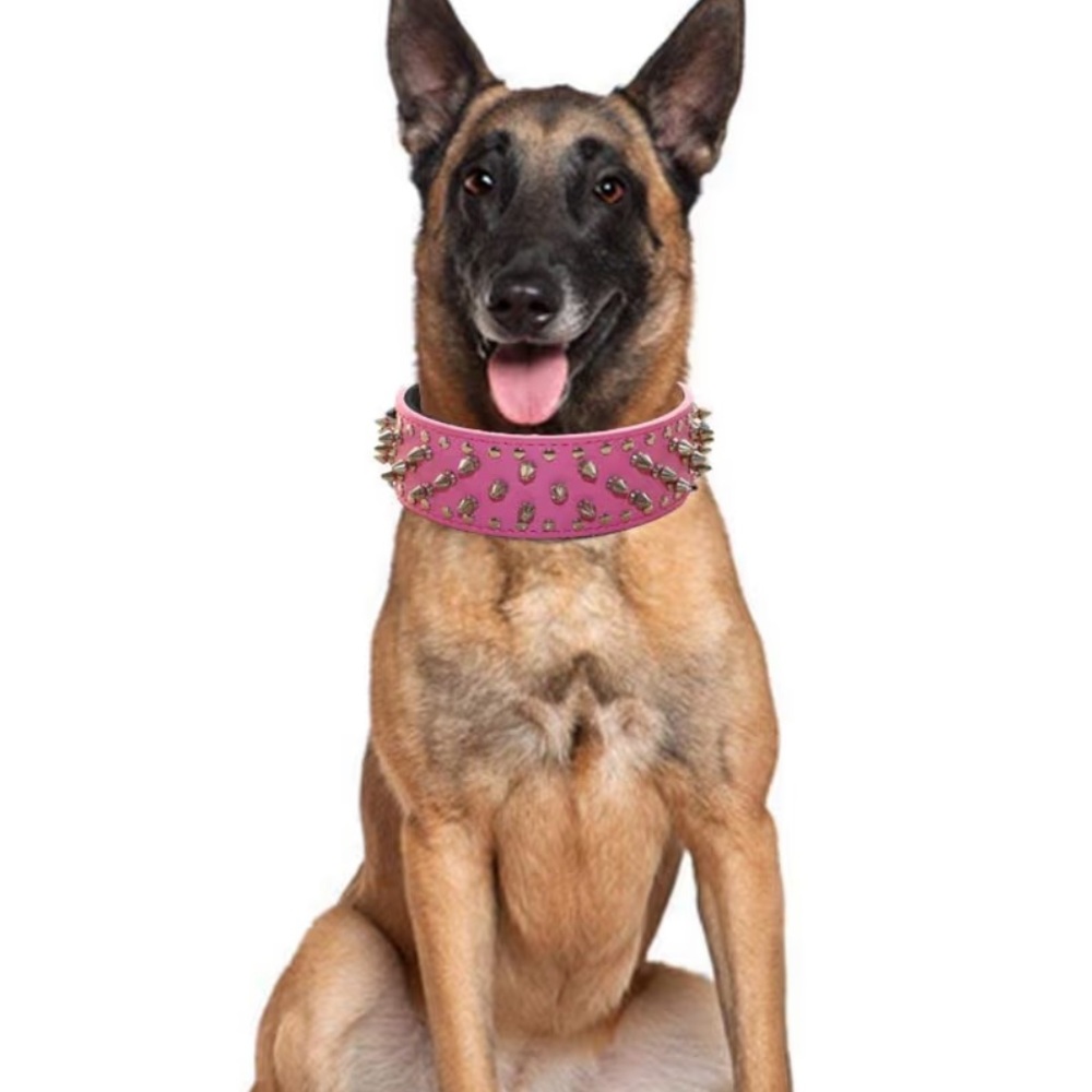 Pink Spiked Studded Leather Collar 21 inches long